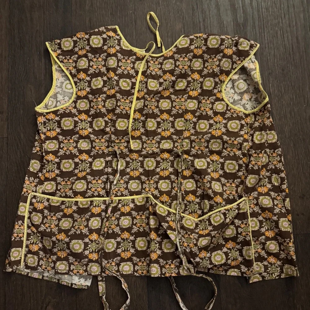 Vintage 2 Apron Set Smock Bib Floral Striped Brown Yellow Retro Mid Century